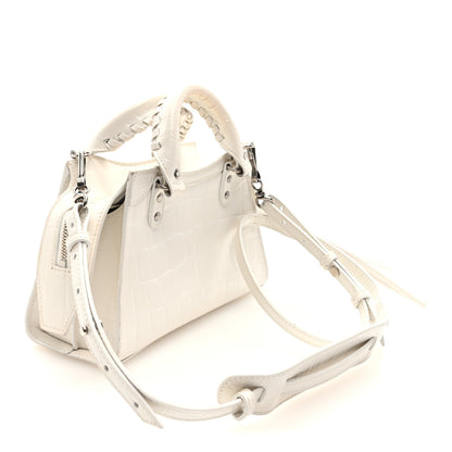Balenciaga Semi Shiny Calfskin Crocodile Embossed Neo Classic Silver Hardware Mini City White 3 of 10