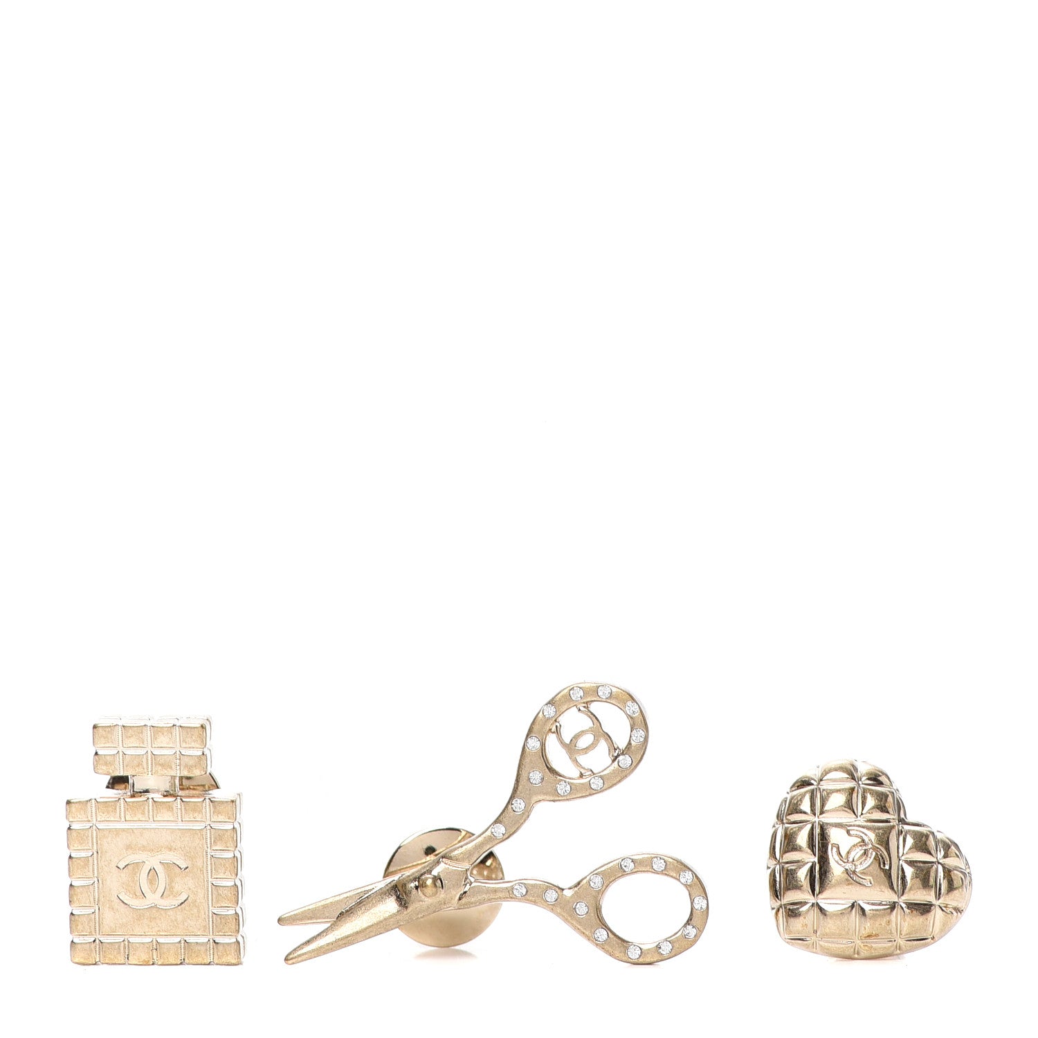 Chanel Metal Strass Crystal Quilted CC Heart Scissors Perfume Brooch Set Gold 1 of 5