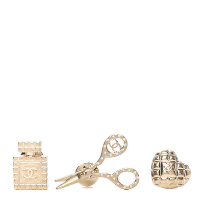Chanel Metal Strass Crystal Quilted CC Heart Scissors Perfume Brooch Set Gold 1 of 5