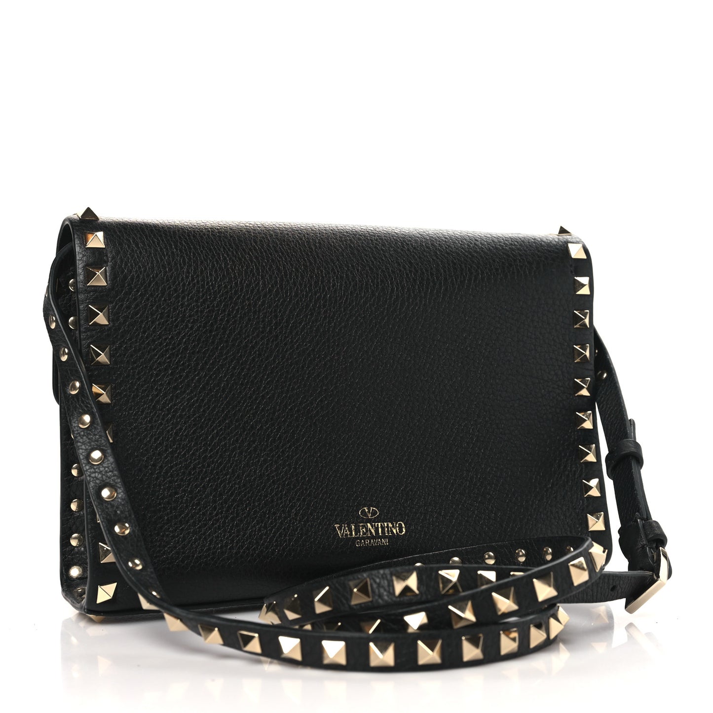 Pebbled Calfskin Medium Rockstud Flip Lock Crossbody Bag Black