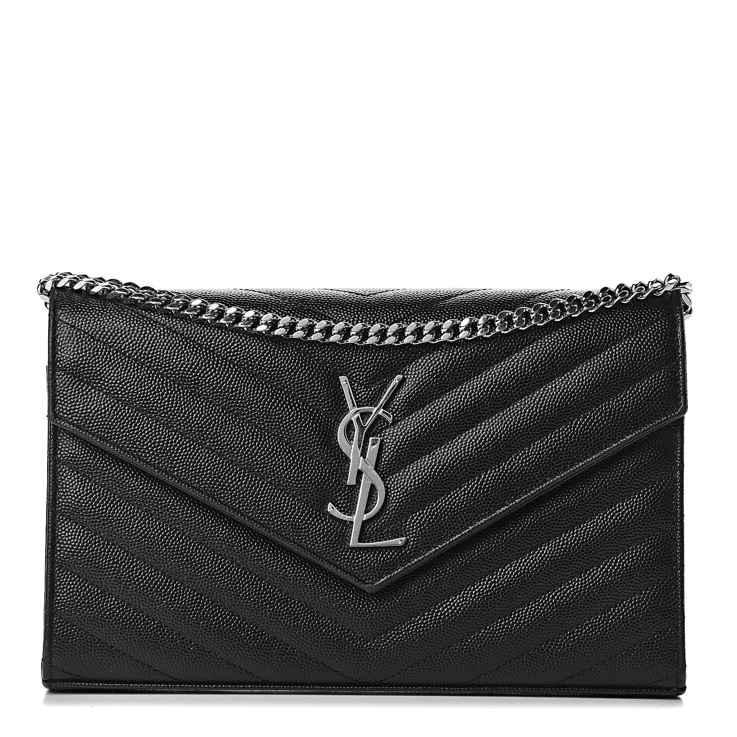 Saint Laurent Grain De Poudre Matelasse Chevron Monogram Chain Wallet Black 1 of 11