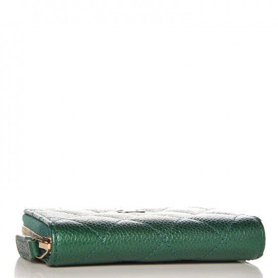Metallic Caviar Quilted Zip Coin Purse Green