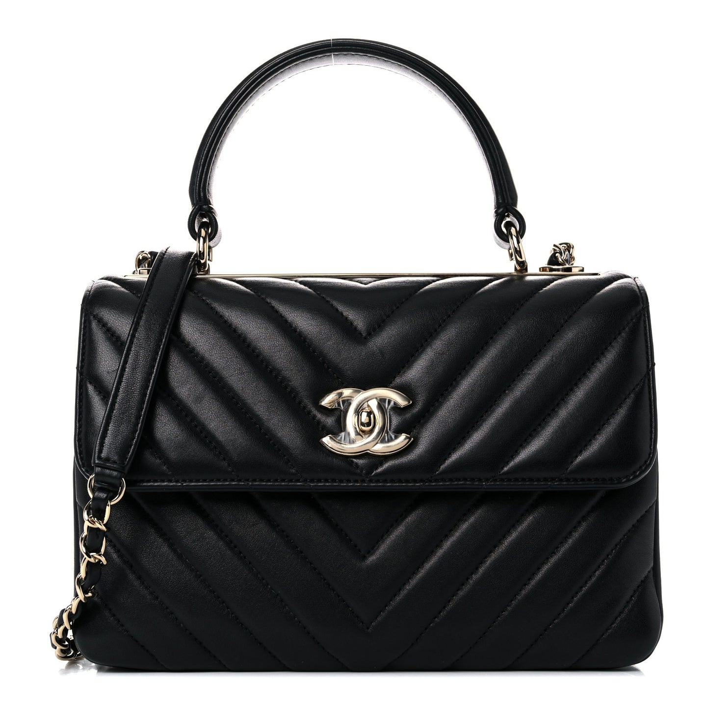 Lambskin Chevron Quilted Small Trendy CC Dual Handle Flap Bag Black