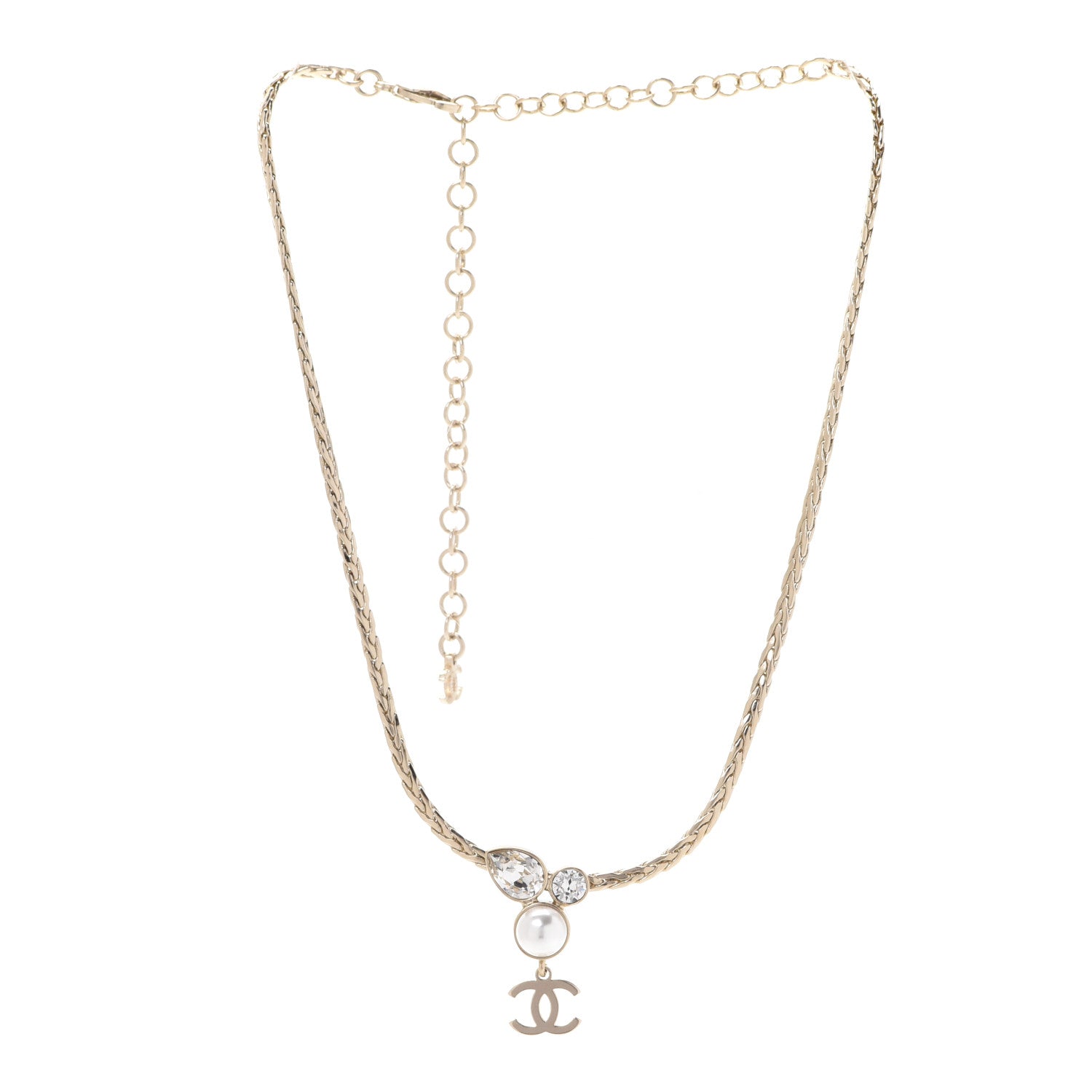 Chanel Pearl Crystal CC Teardrop Braided Necklace Gold 3 of 6