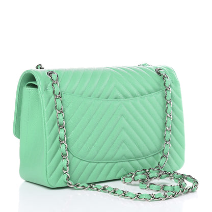 Chanel Caviar Chevron Quilted Jumbo Double Flap Green 3 of 9