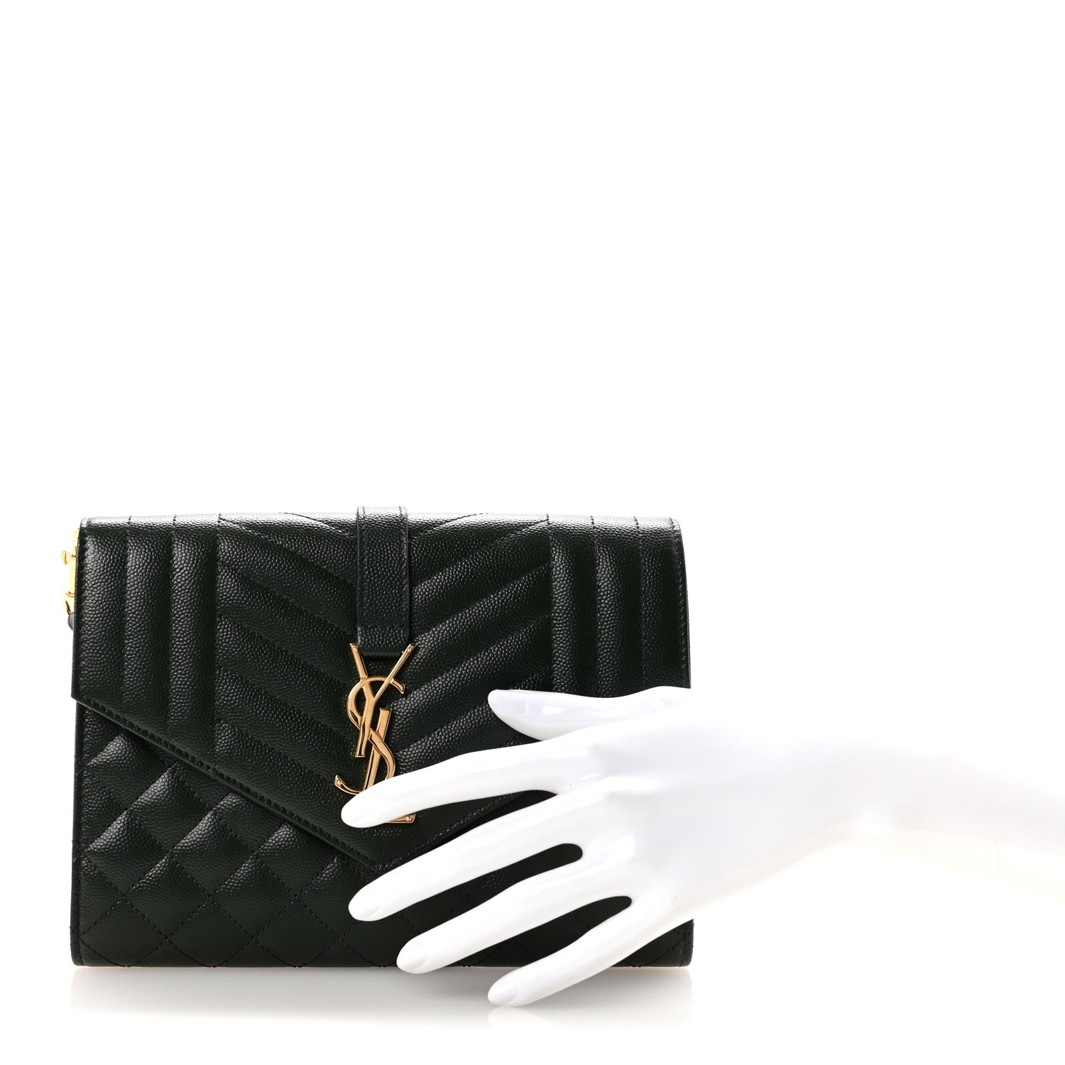 Saint Laurent Grain De Poudre Textured Mixed Matelasse Triquilt Monogram Clutch Dark Green 2 of 7
