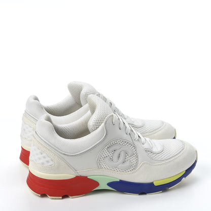 Chanel Calfskin Suede Fabric Womens CC Sneakers 38.5 White Blue Red 4 of 12