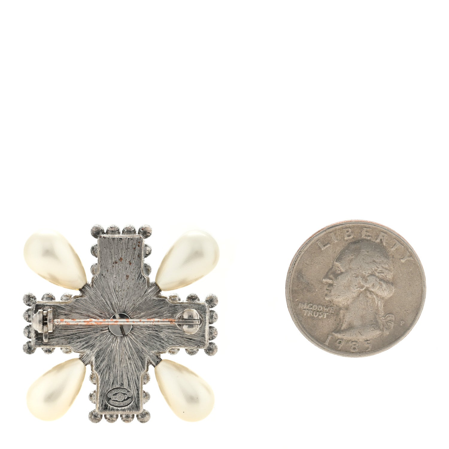 Chanel Pearl Crystal CC Cross Brooch Silver 2 of 3