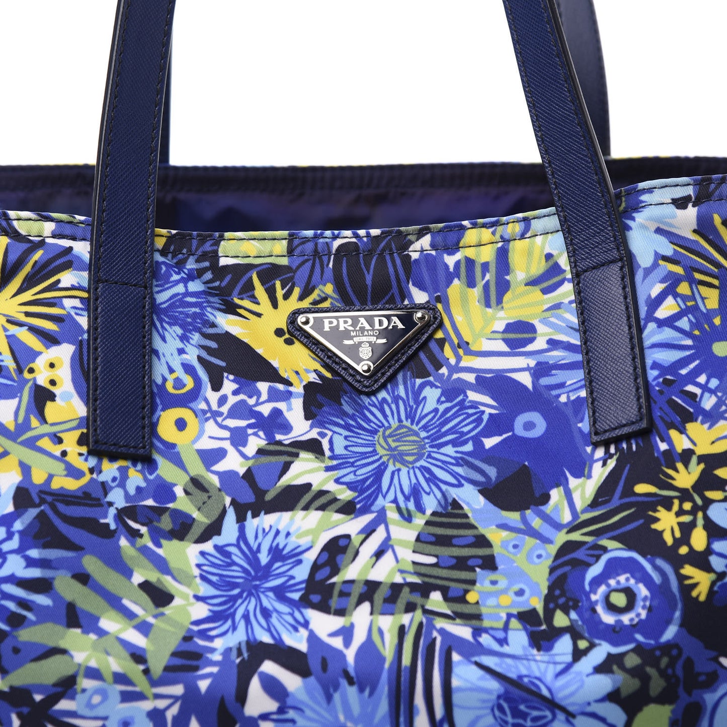 Tessuto Nylon Saffiano Floral Print Tote Bluette Dis Primule