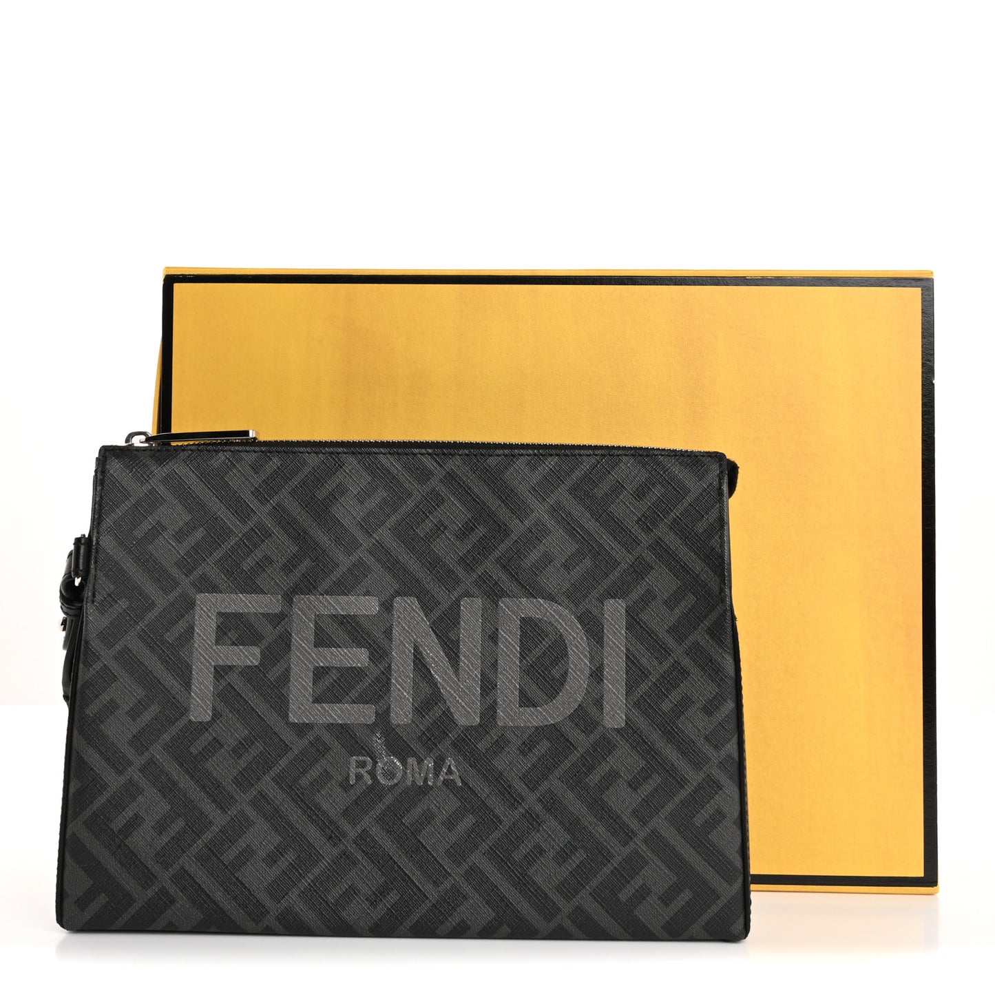 Shiny Glazed Fabric Vitello Cover FF 1974 Logo Clutch Black