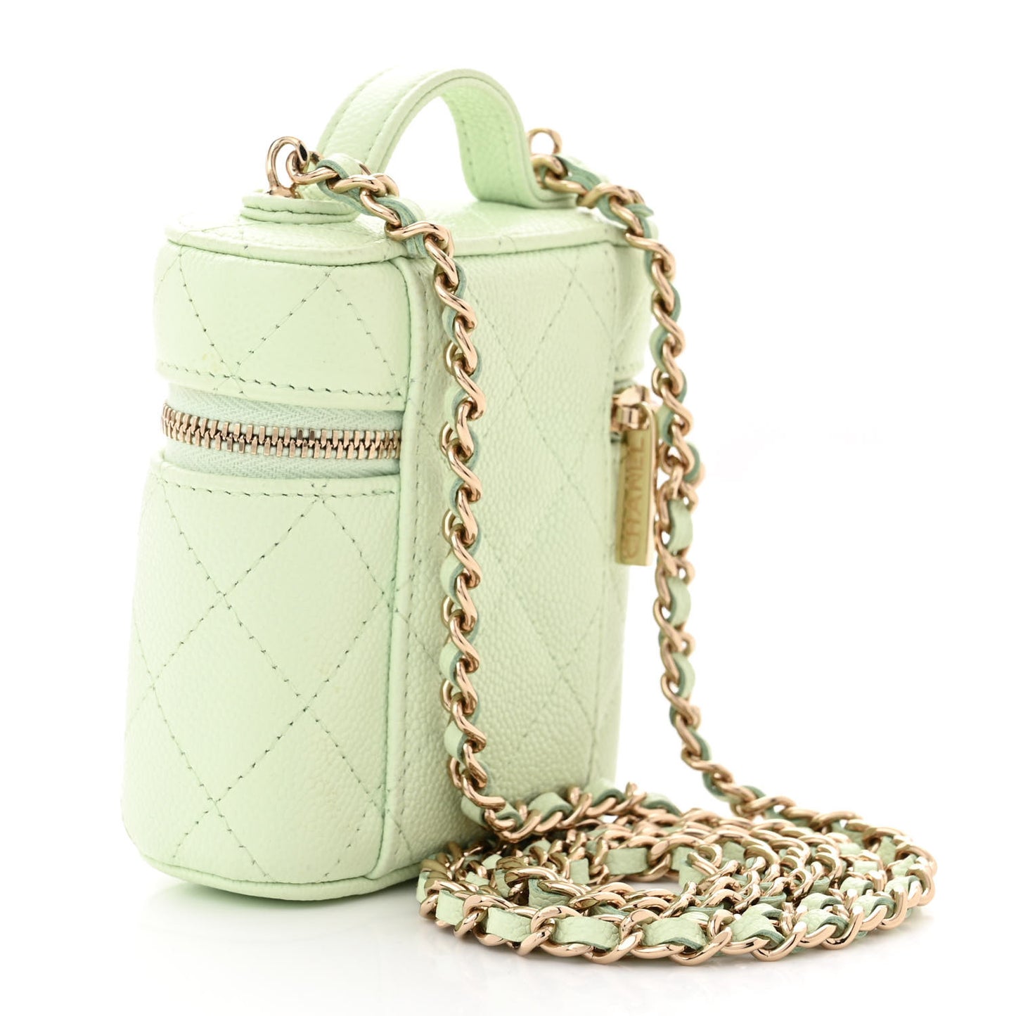 Caviar Quilted Small Handle With Care Vanity Case With Chain Light Green