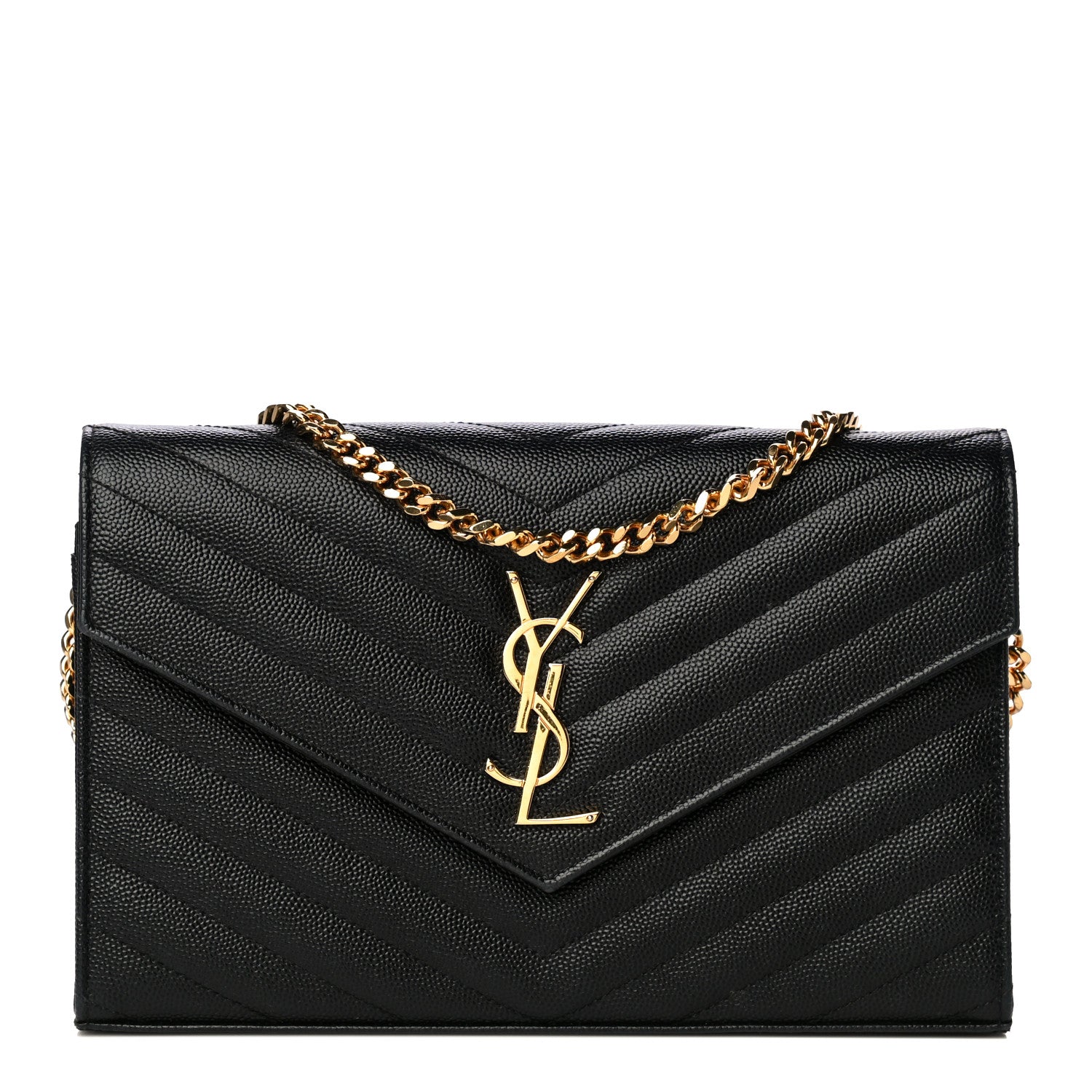 Saint Laurent Grain De Poudre Matelasse Chevron Monogram Chain Wallet Black 1 of 13