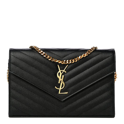 Saint Laurent Grain De Poudre Matelasse Chevron Monogram Chain Wallet Black 1 of 13