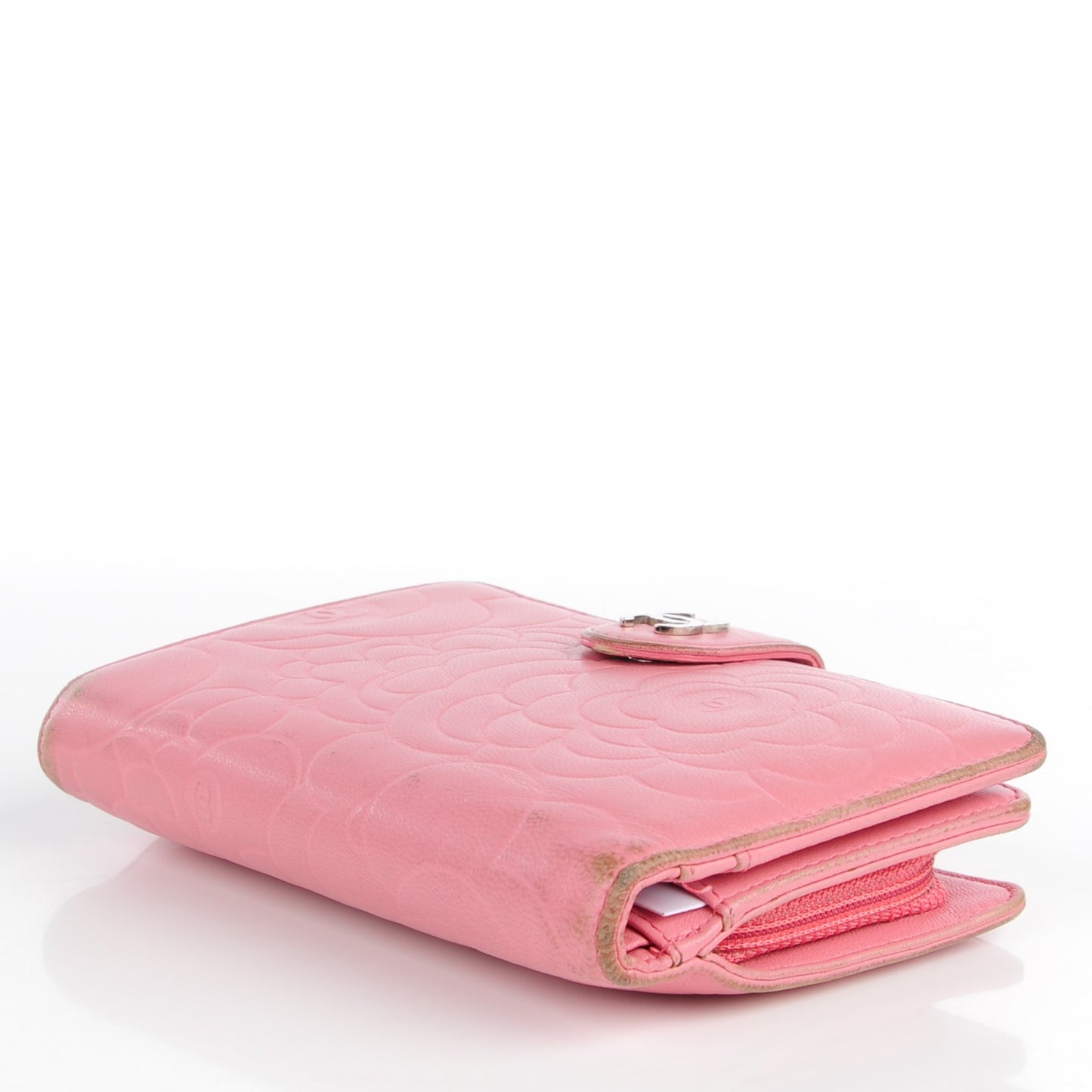 Lambskin Camellia Embossed Zipped Pocket Wallet Pink