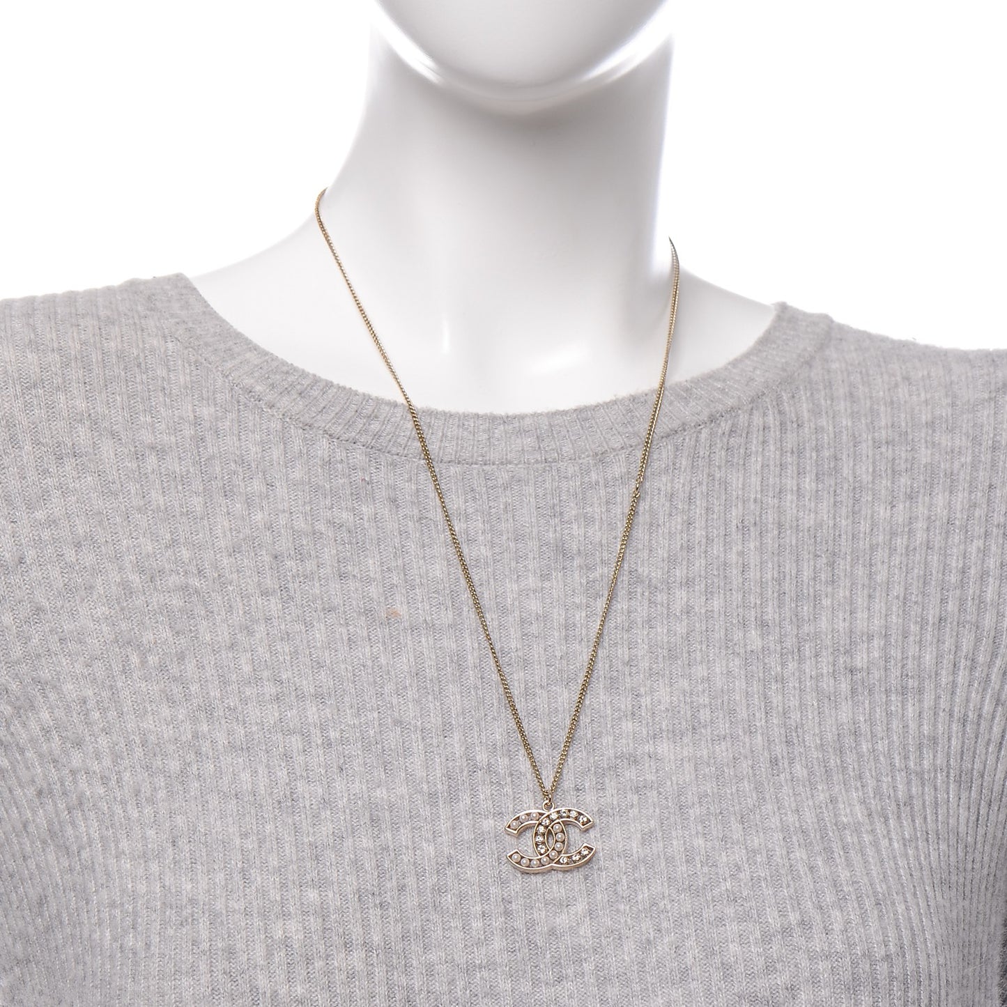 Crystal Pearl CC Pendant Necklace Gold