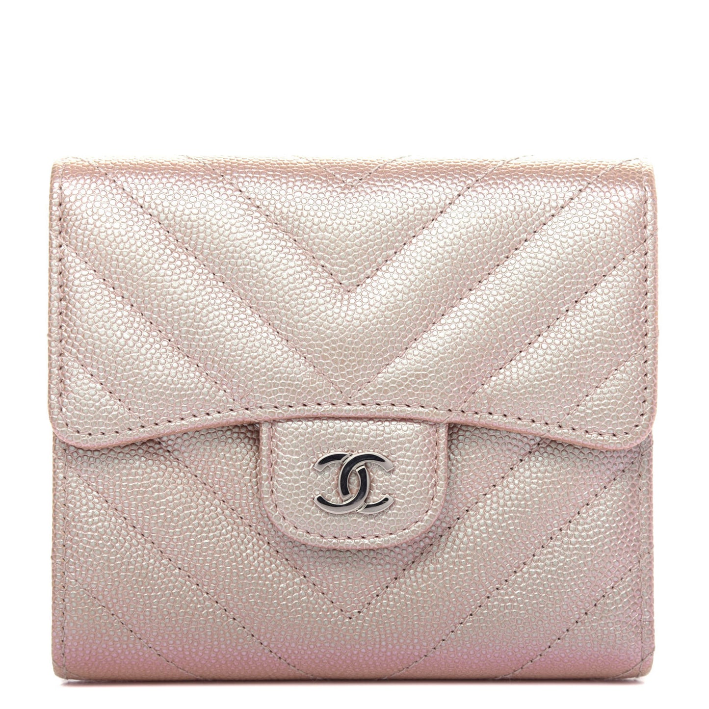 Metallic Caviar Chevron Quilted Compact Flap Wallet Light Gold