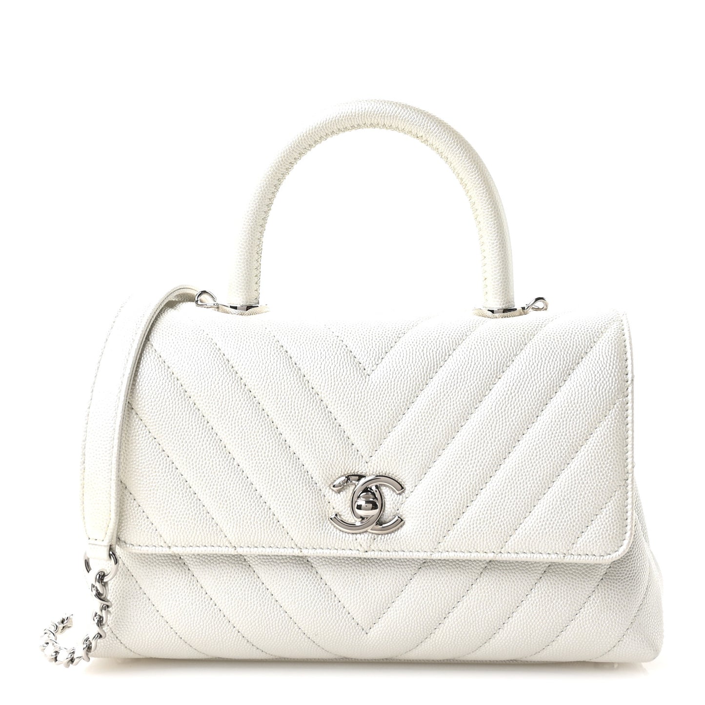 Iridescent Caviar Chevron Quilted Mini Coco Handle Flap White