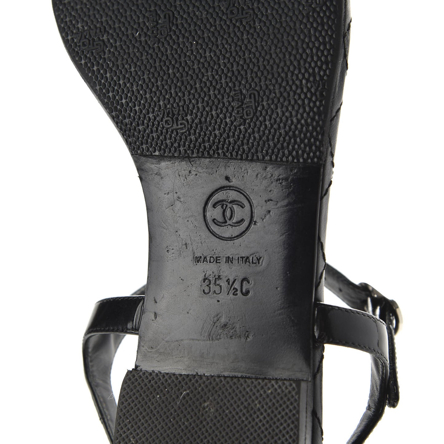 Patent Calfskin CC Chain Thong Sandals 35.5 Black