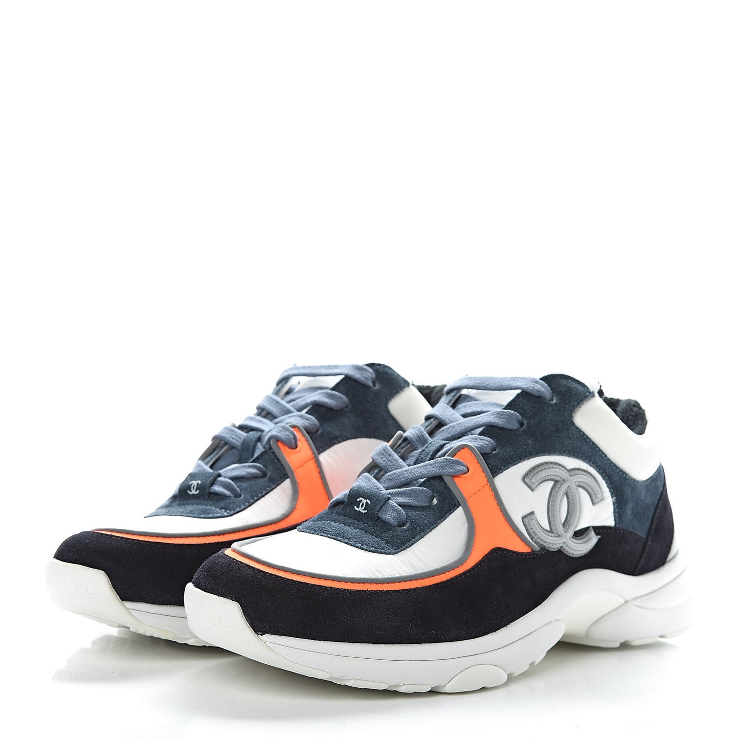 Nylon Calfskin Suede CC Womens Sneakers 38 Navy White Orange
