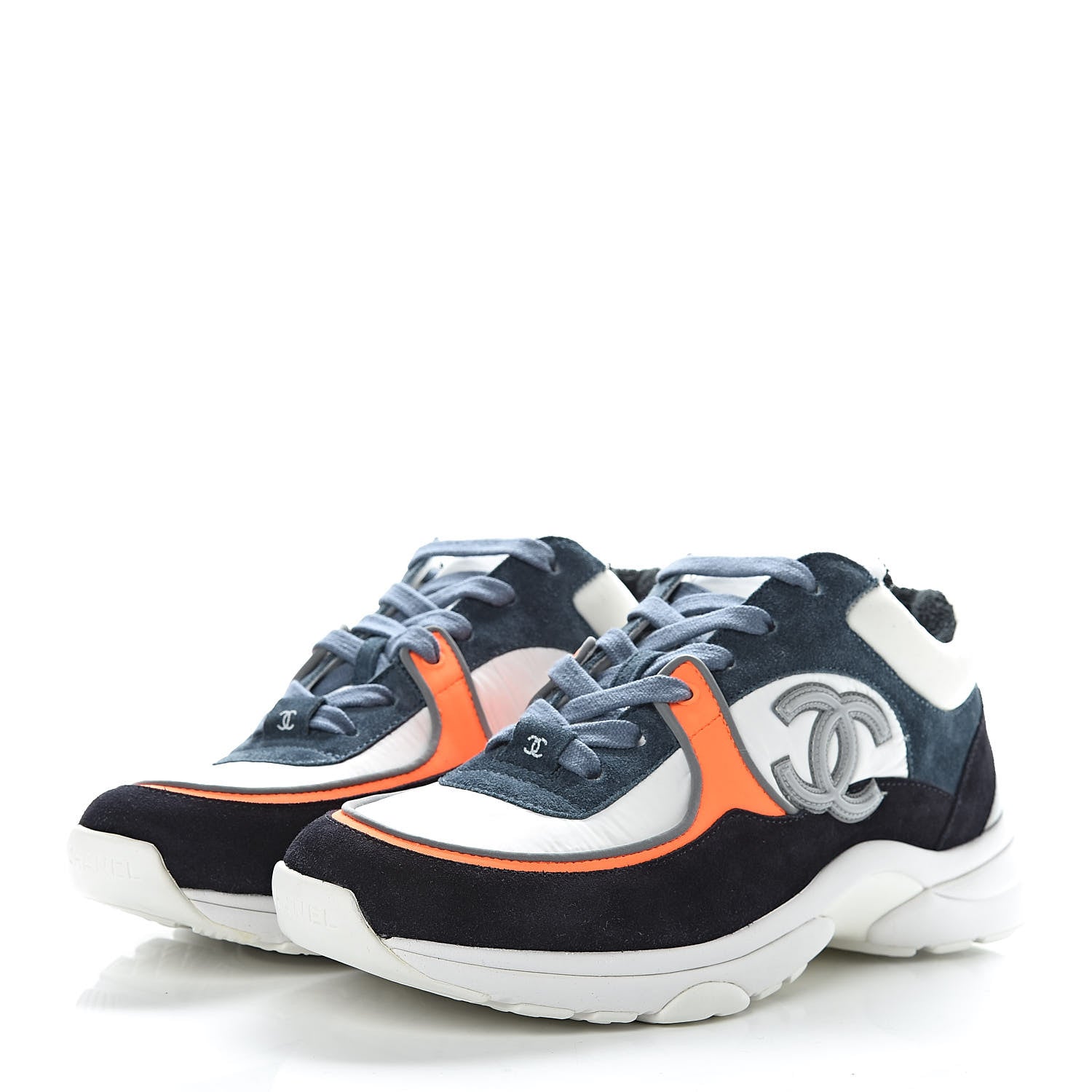 Chanel Nylon Calfskin Suede CC Womens Sneakers 38 Navy White Orange 3 of 9