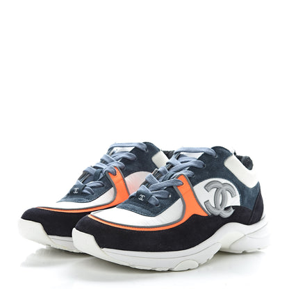 Chanel Nylon Calfskin Suede CC Womens Sneakers 38 Navy White Orange 3 of 9