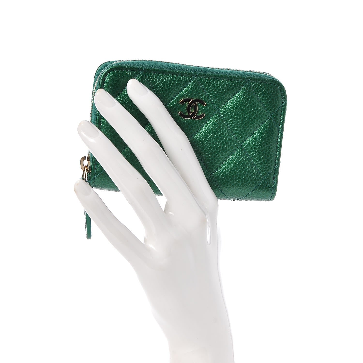 Chanel Metallic Caviar Quilted Zip Coin Purse Green 2 of 8