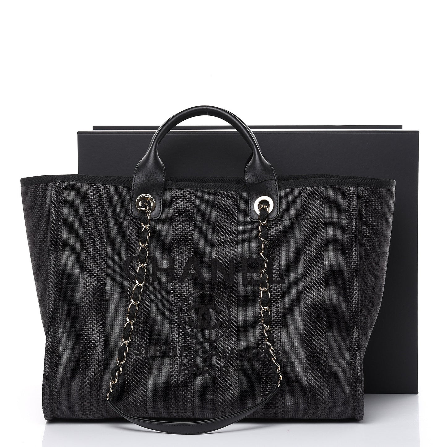 Straw Raffia Calfskin Striped Large Deauville Tote Black