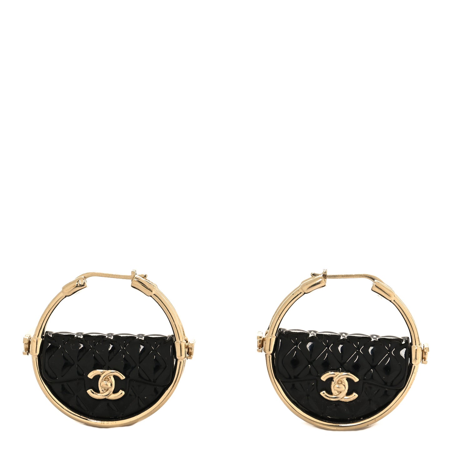 Metal Resin Quilted Flap Bag Hoop Earrings Black Gold