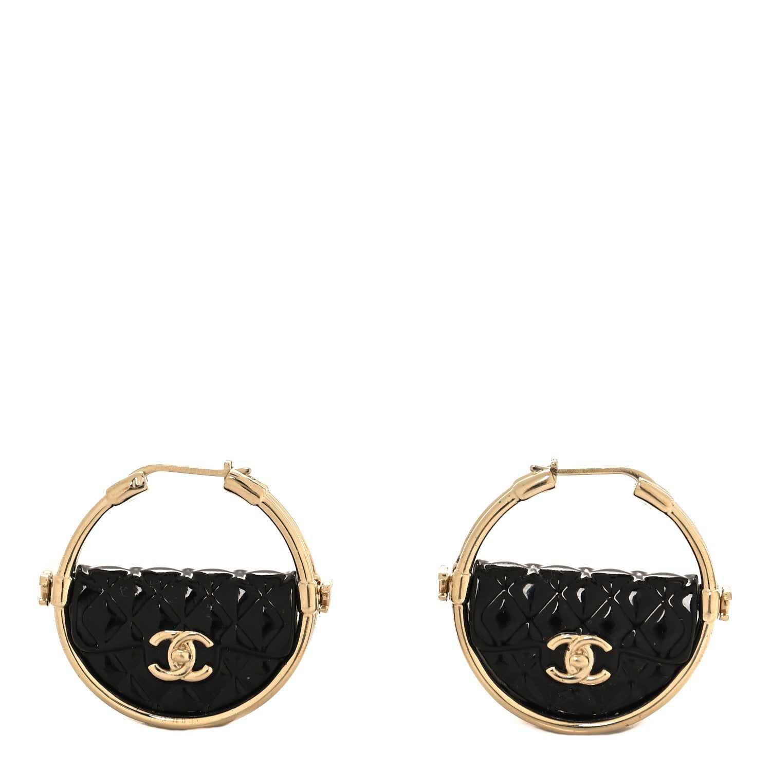 Chanel Metal Resin Quilted Flap Bag Hoop Earrings Black Gold 1 of 5