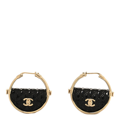 Chanel Metal Resin Quilted Flap Bag Hoop Earrings Black Gold 1 of 5