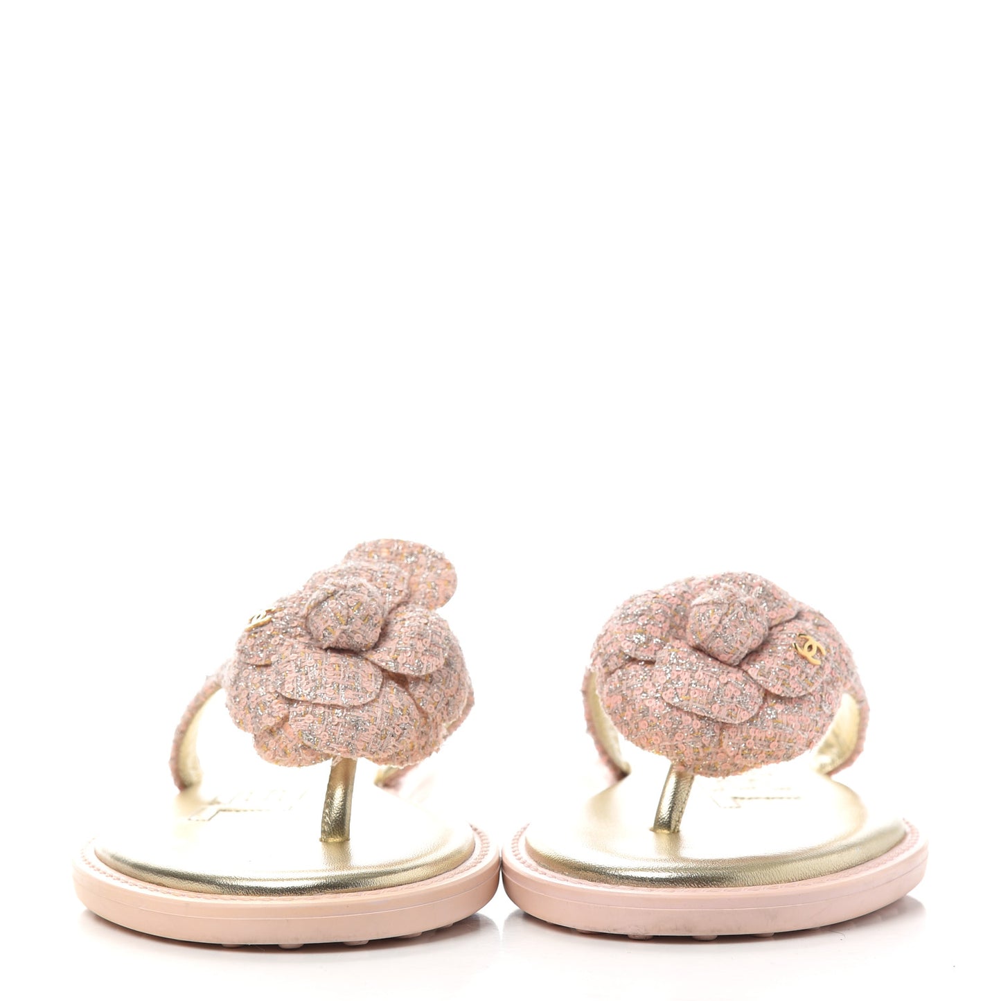 Tweed Quilted Camellia Thong Sandals 36 Salmon Apricot Gold