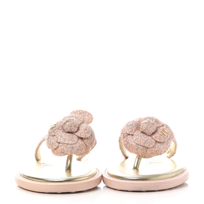 Chanel Tweed Quilted Camellia Thong Sandals 36 Salmon Apricot Gold 2 of 10