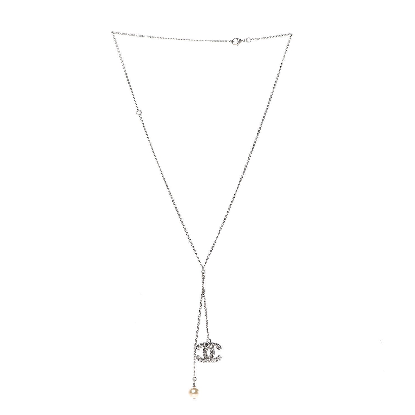 Baguette Crystal Pearl CC Lariat Necklace Silver