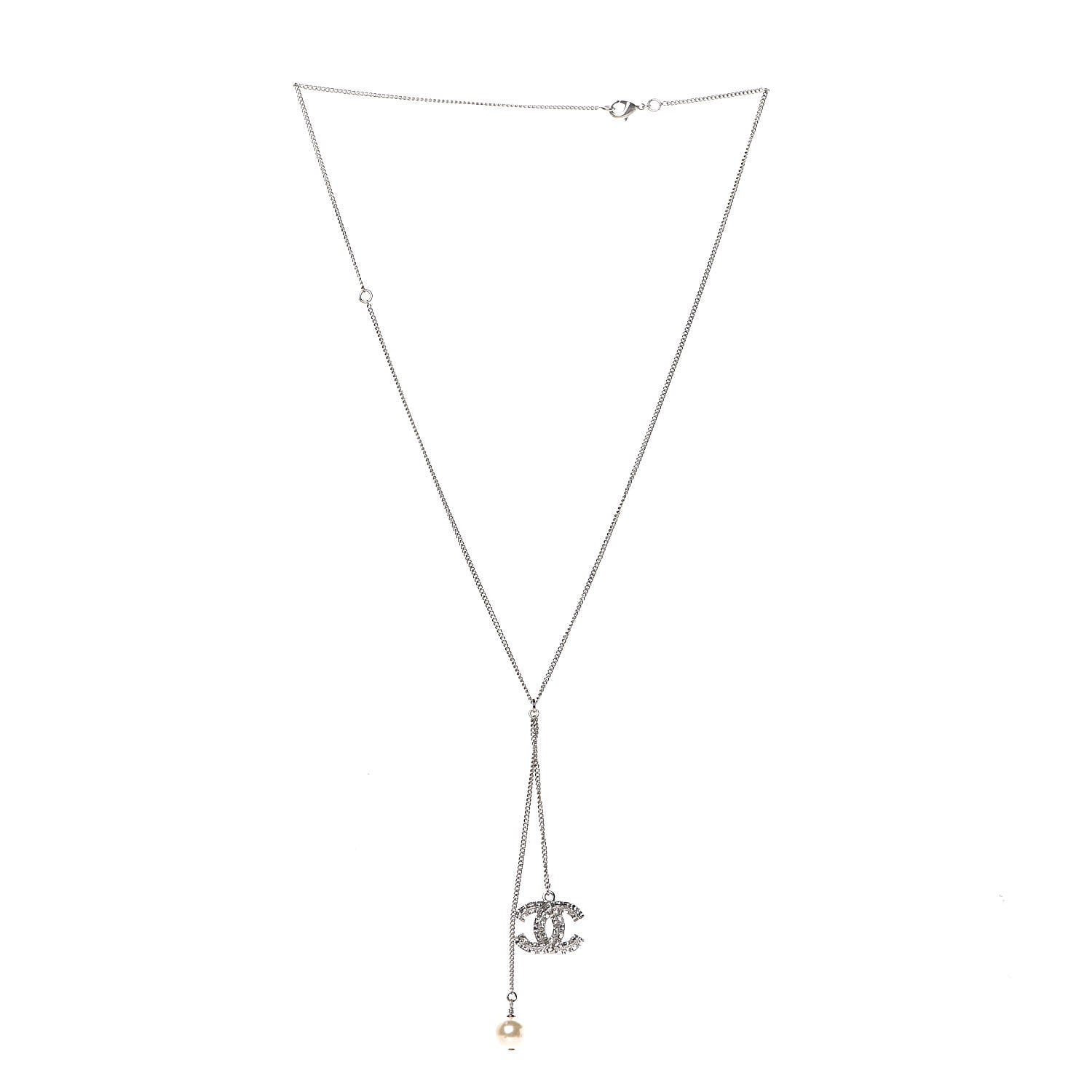 Chanel Baguette Crystal Pearl CC Lariat Necklace Silver 3 of 5