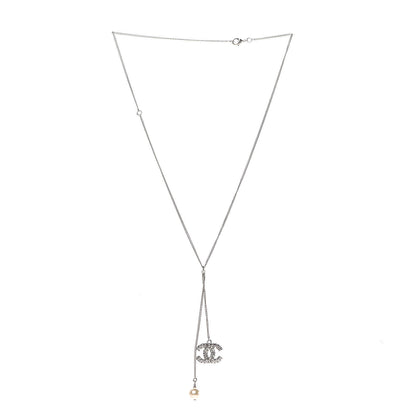 Chanel Baguette Crystal Pearl CC Lariat Necklace Silver 3 of 5