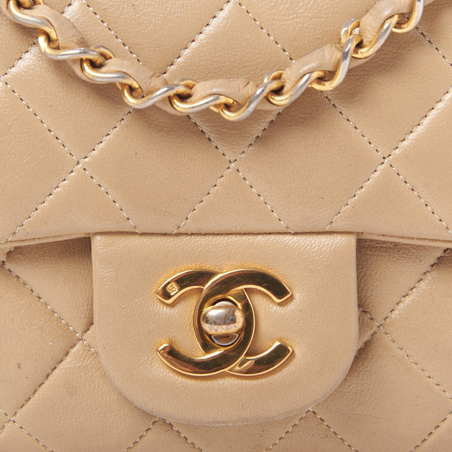 Lambskin Quilted Small Double Flap Beige