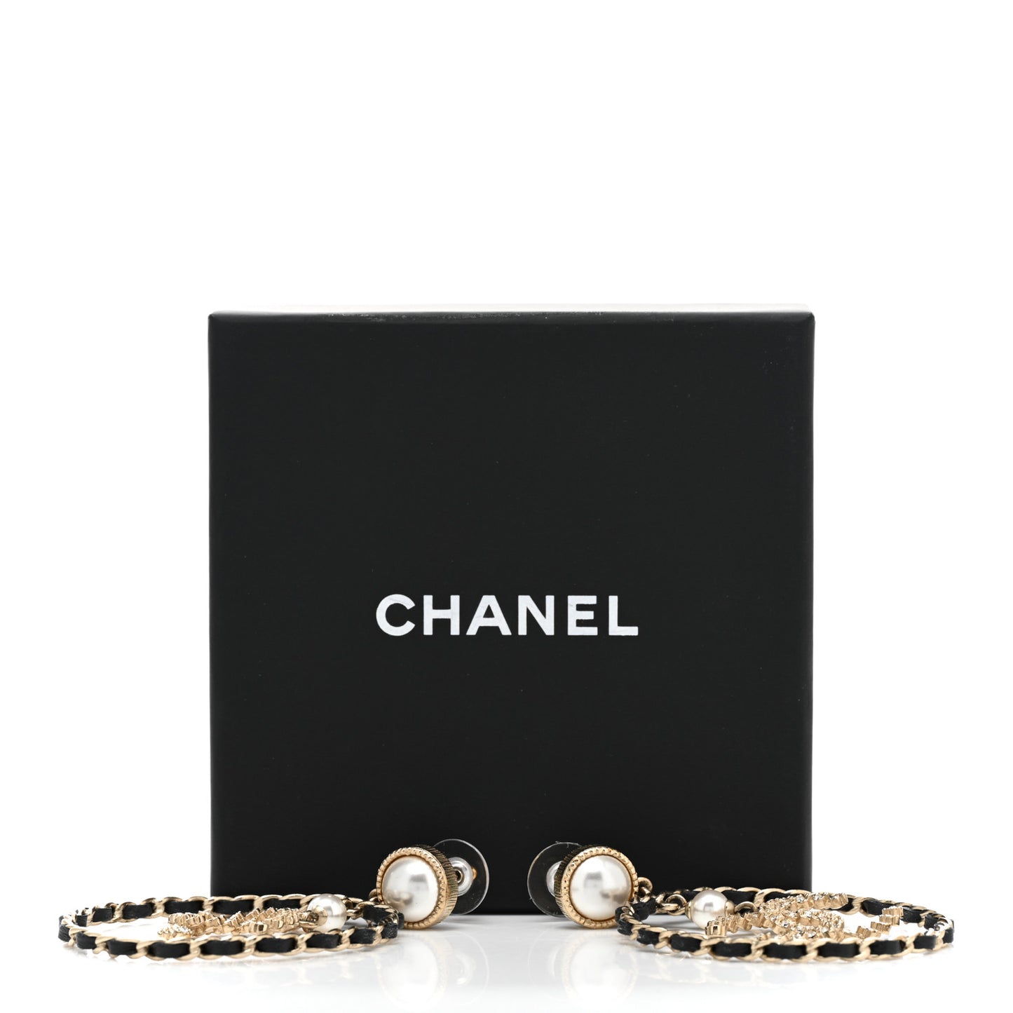 Lambskin Crystal Pearl CC Chain Hoop Earrings Gold Black