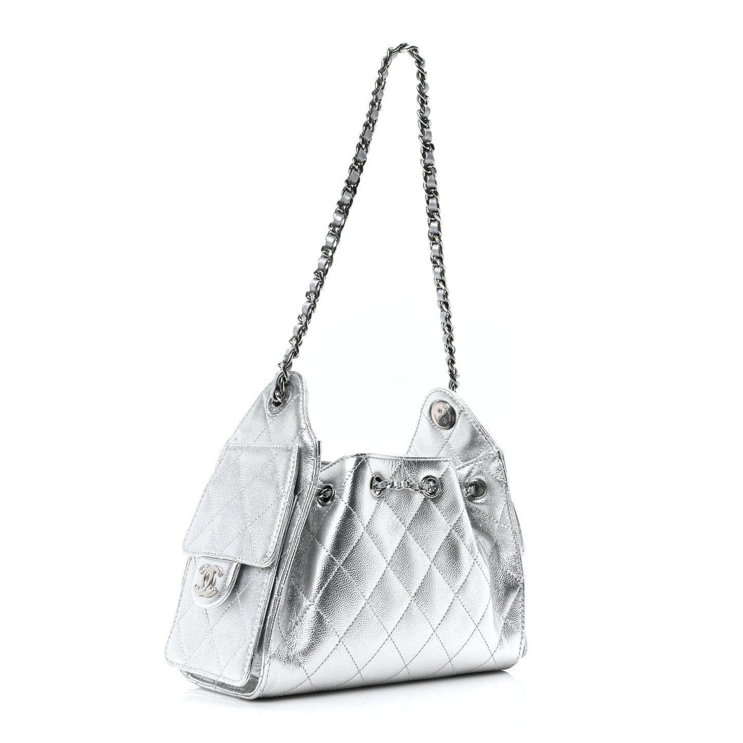 Metallic Caviar Quilted Mini Chanel 25 Handbag Silver