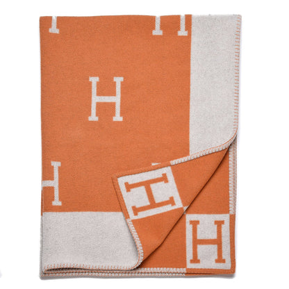 Hermes Wool Cashmere Signature Classic Avalon Blanket Ecru Potiron 2 of 3