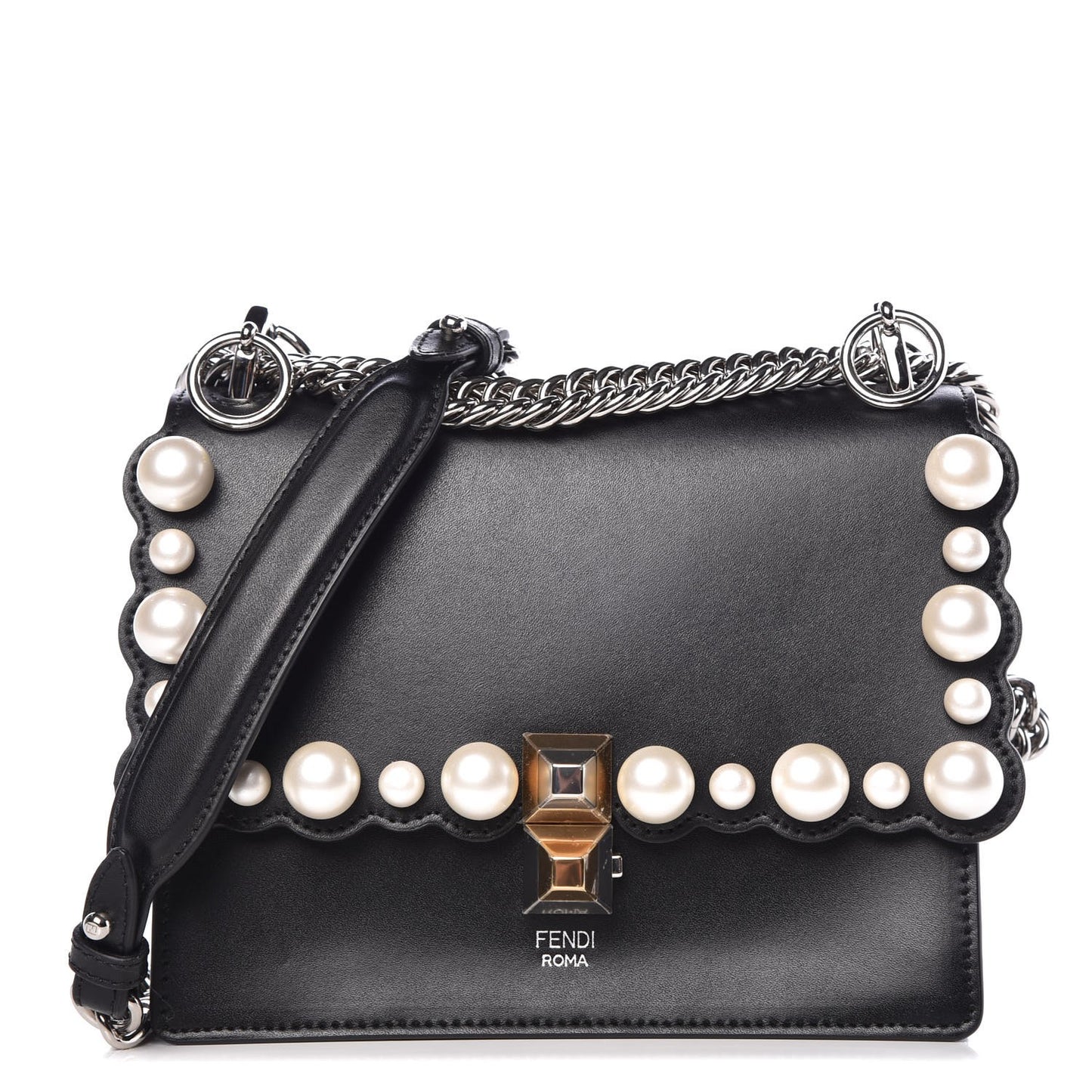 Vitello Liberty Pearl Scalloped Studded Small Kan I Shoulder Bag Black