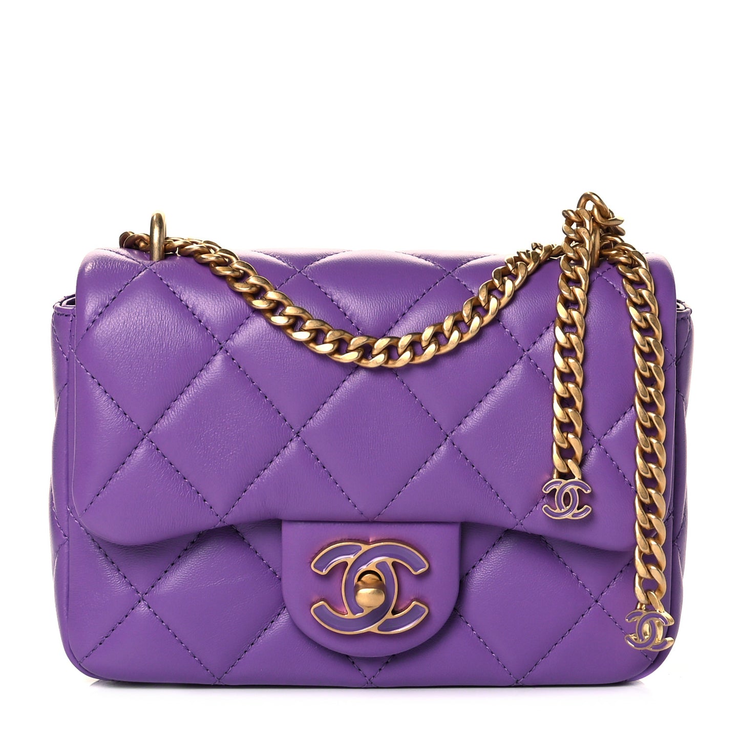Lambskin Enamel Quilted Mini Pending CC Square Flap Purple