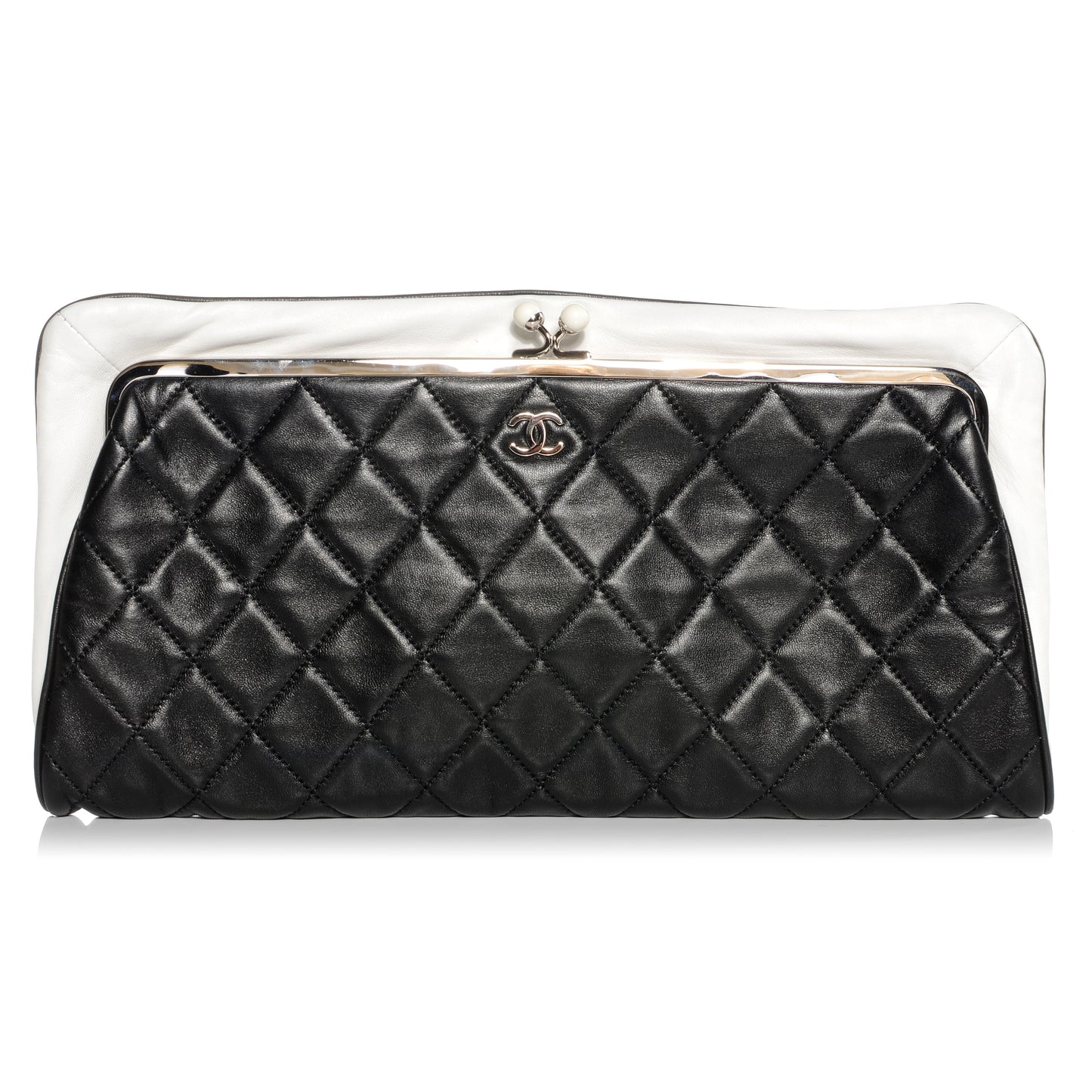Lambskin Quilted Resin Pearl Clasp Clutch Black White