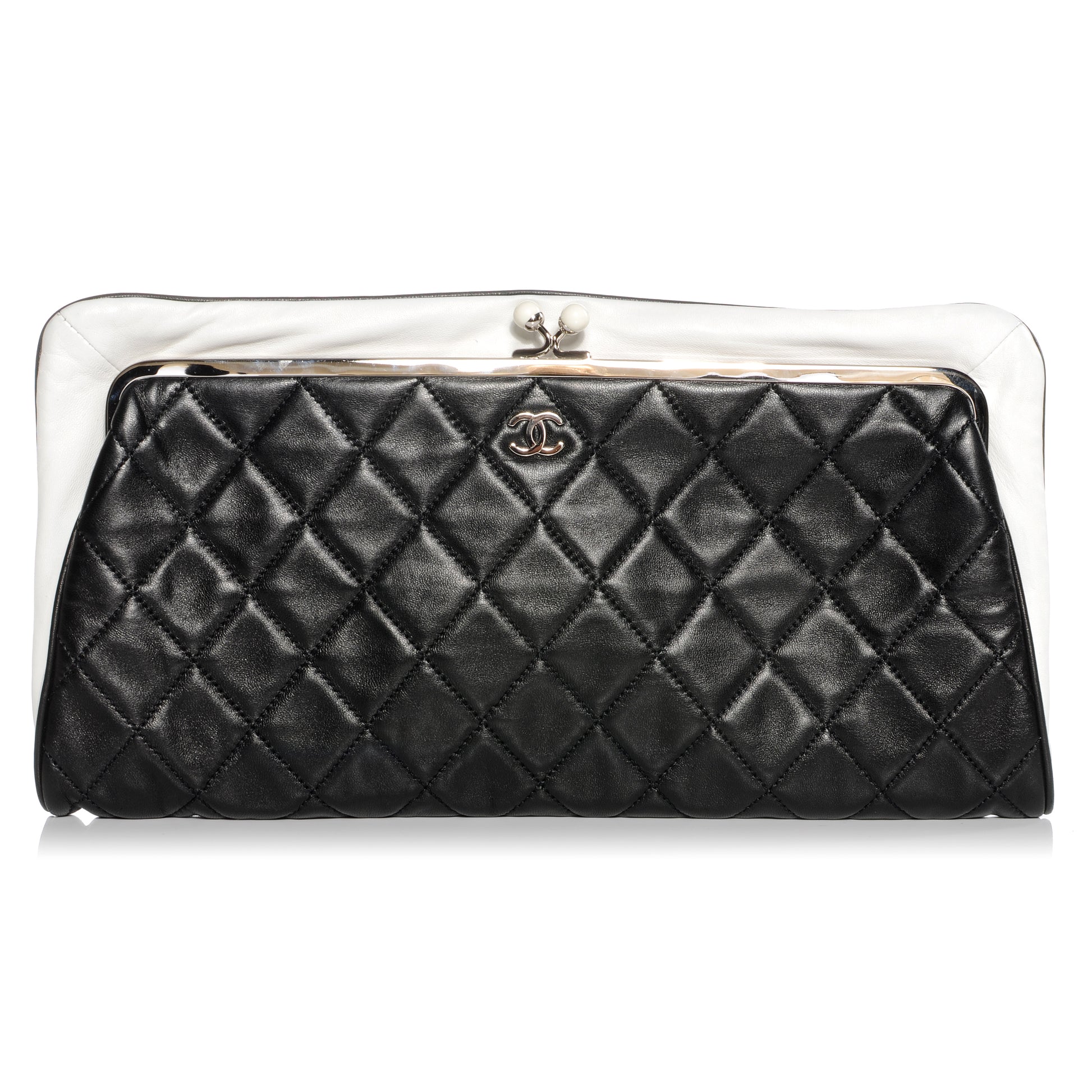 Chanel Lambskin Quilted Resin Pearl Clasp Clutch Black White 1 of 8