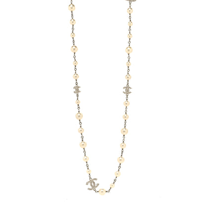 Chanel Graduated Pearl Crystal CC Long Necklace Silver 1 of 5