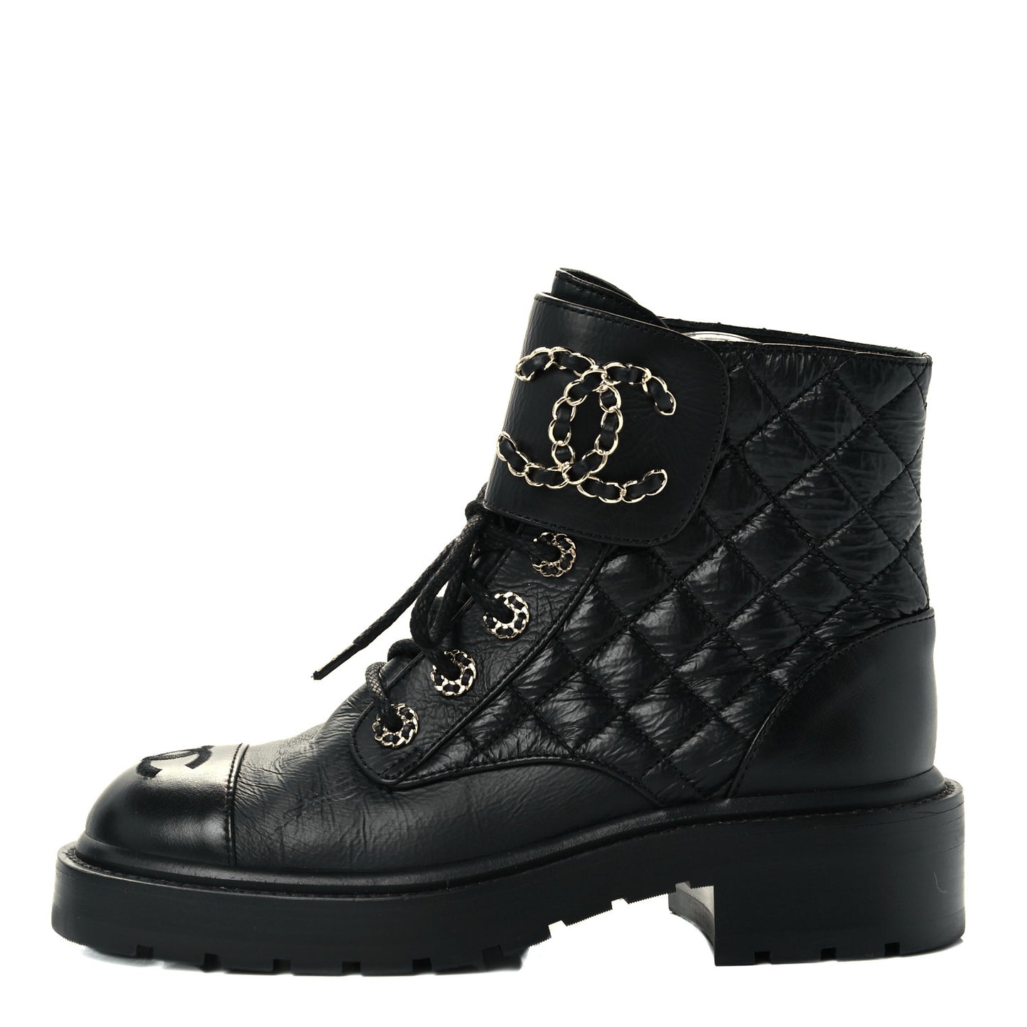 Lambskin Calfskin Quilted Lace Up Combat Boots 35.5 Black