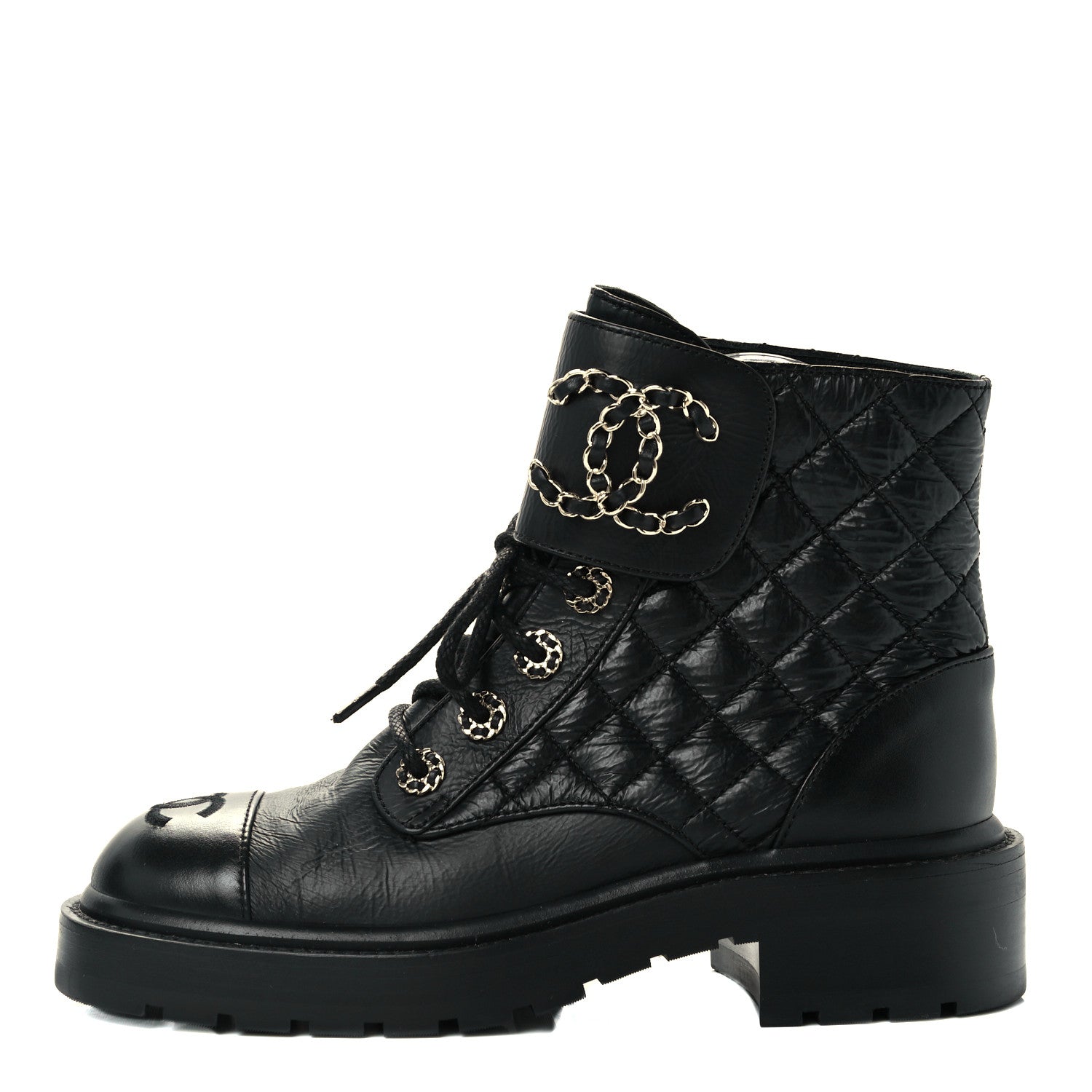 Chanel Lambskin Calfskin Quilted Lace Up Combat Boots 35.5 Black 1 of 13