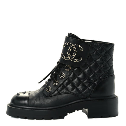 Chanel Lambskin Calfskin Quilted Lace Up Combat Boots 35.5 Black 1 of 13