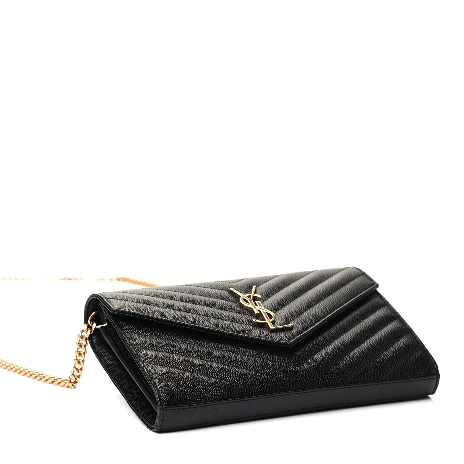 Saint Laurent Grain De Poudre Matelasse Chevron Monogram Chain Wallet Black 3 of 4