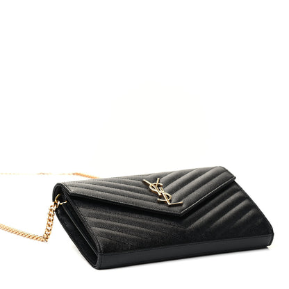 Saint Laurent Grain De Poudre Matelasse Chevron Monogram Chain Wallet Black 3 of 4