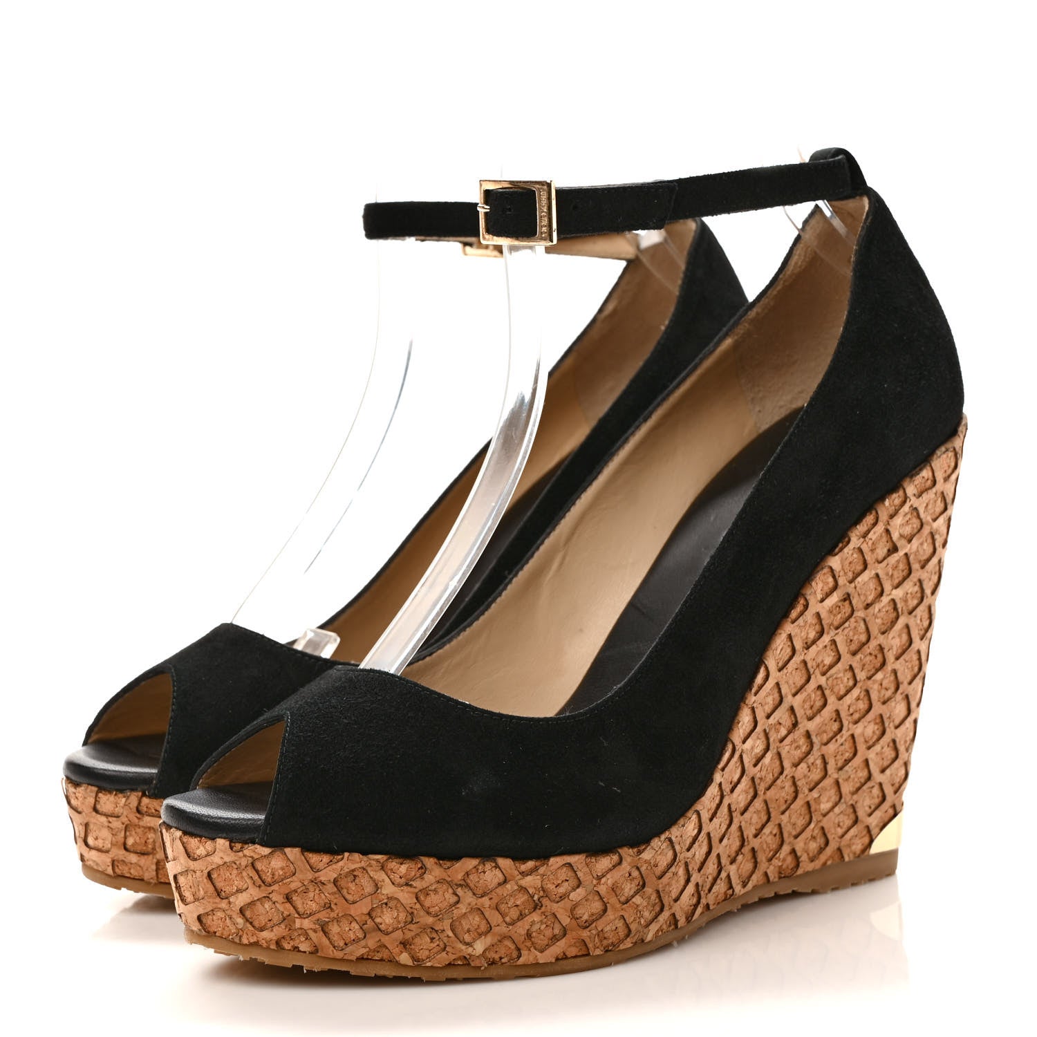 Jimmy Choo Suede Pacific 120mm Peep-Toe Cork Wedge Sandal 39.5 Black 3 of 7